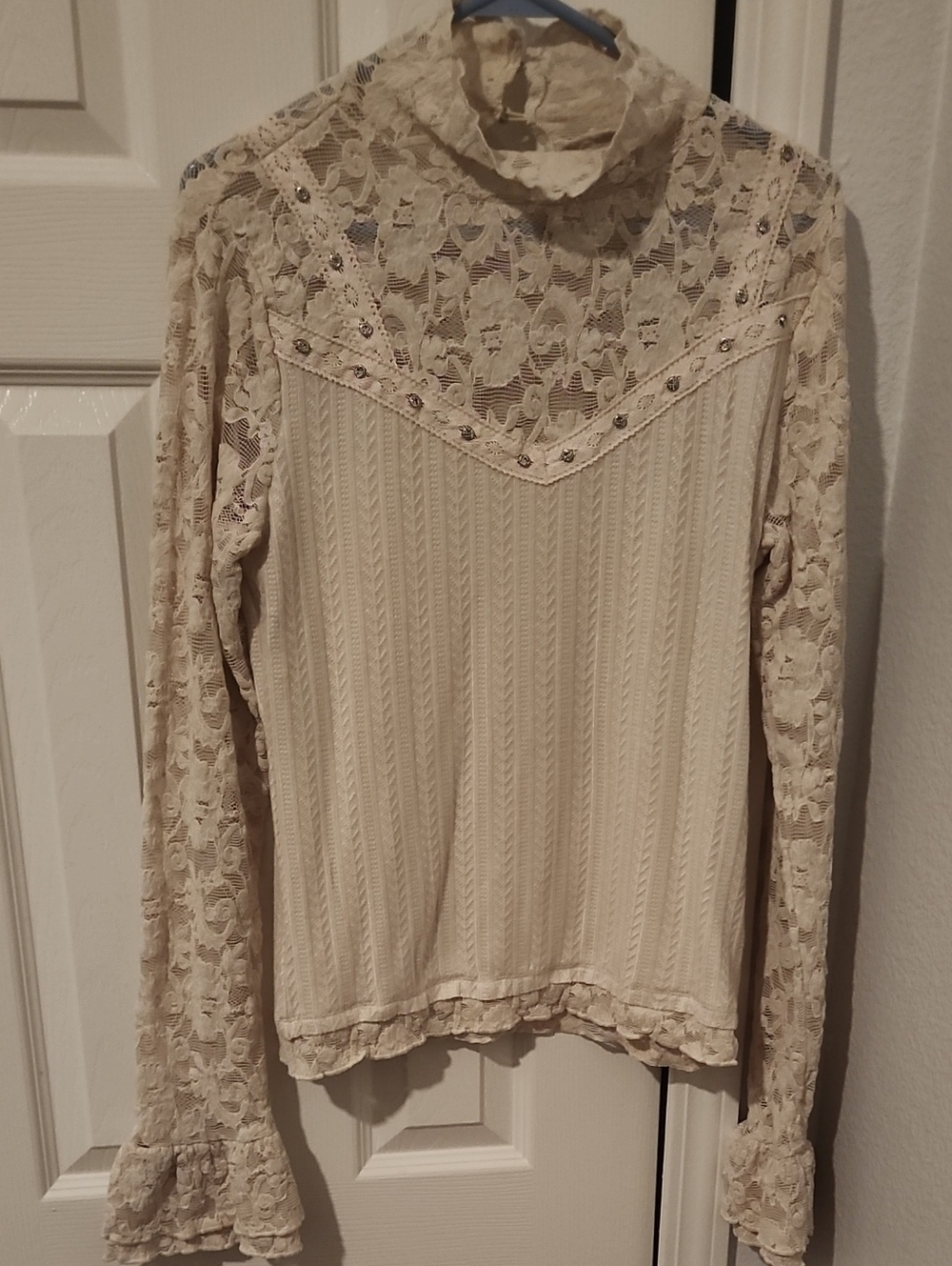 Miss Me Cream Lace & Knit High Neck Long Sleeve Top